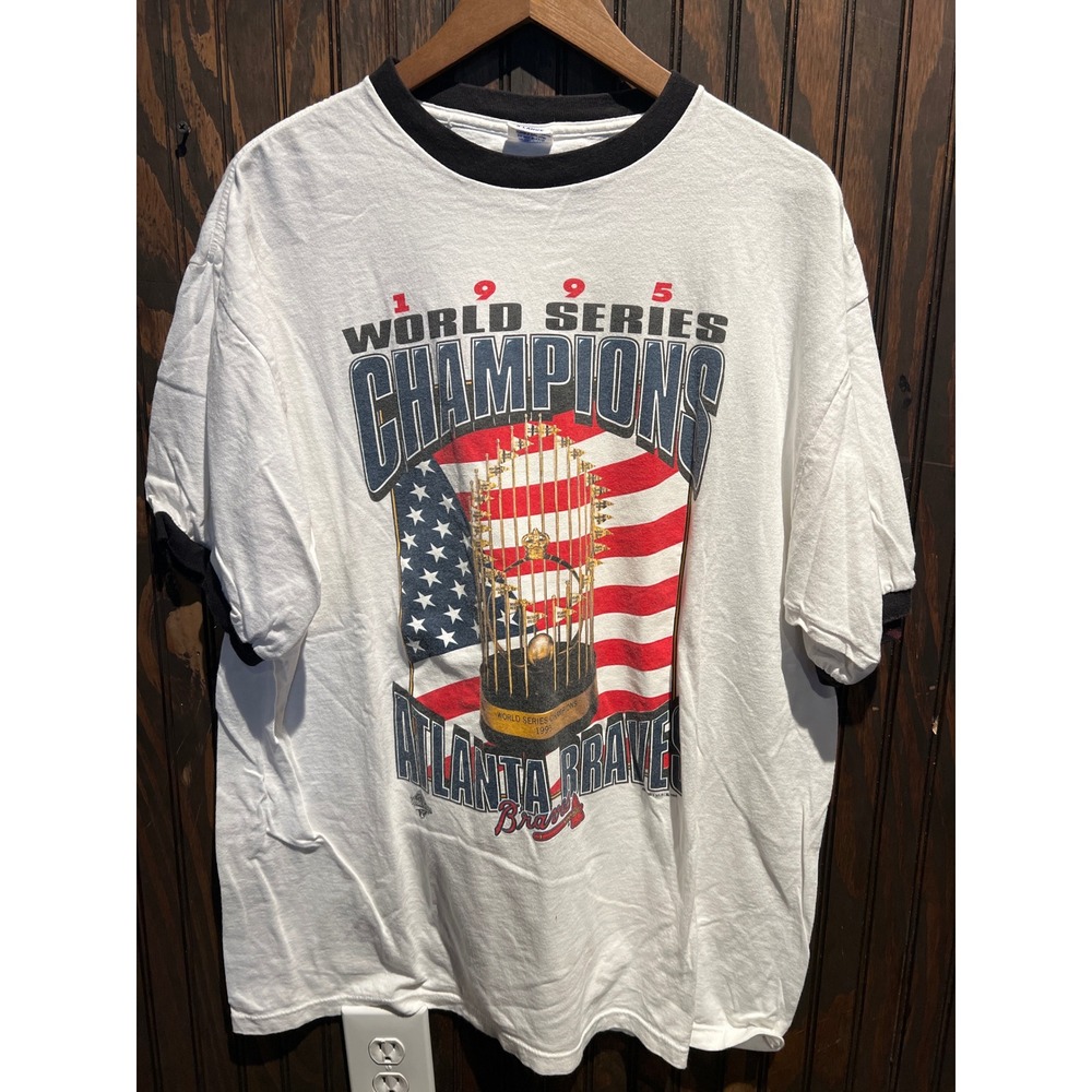 Vintage 1995 Atlanta Braves World Series Champions Ringer T-Shirt XL White Black